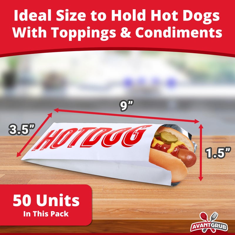 Avant Grub Grease-proof, Warming Foil Hotdog Wrapper Bags 50pk. Classic HotDog Bags in Aluminum Wrap, Keep Hot Dog Warm and Fresh. Super Durable Perfect Party Supplies for Carnival, Fundraiser, Concession Stand - Image 2